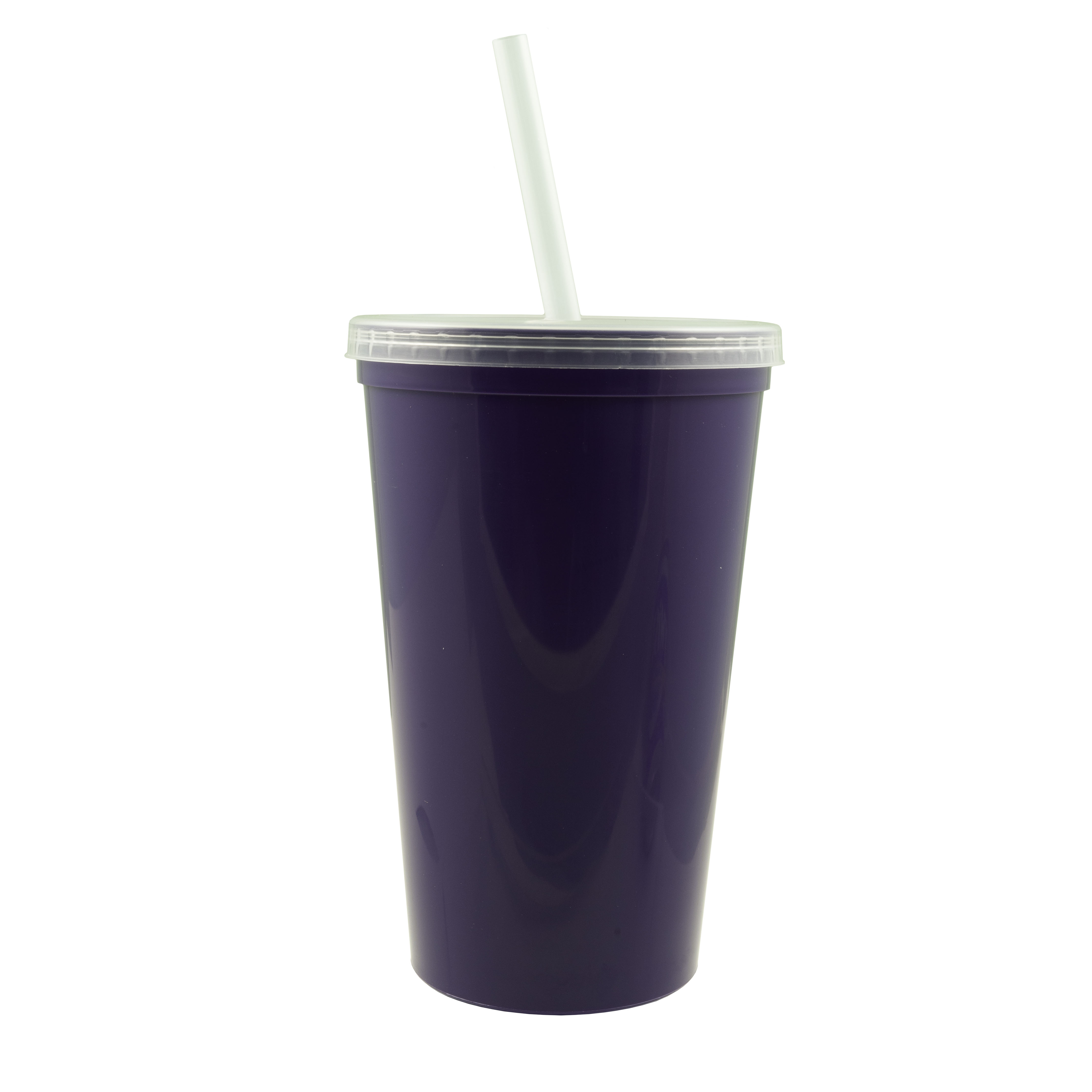 Violet glass cup with lid and straw on a white background isolated